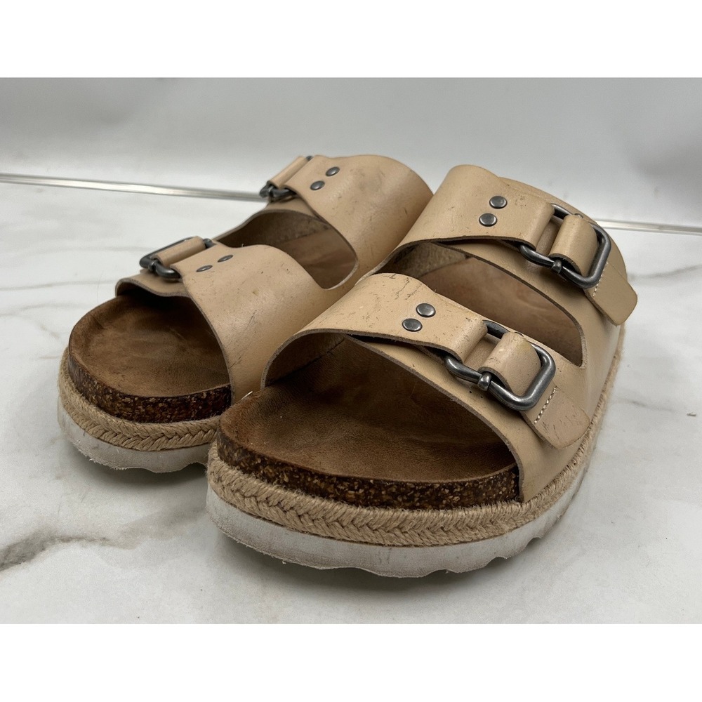 Time and Tru Sandals Womens 9.5 Beige Double Strap Buckle Espadrille Cork Slide
